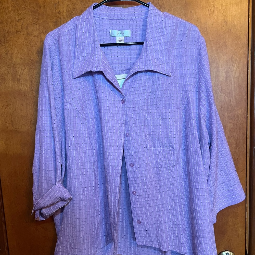 CJ Banks Lavender Metallic-Thread Button Front Top